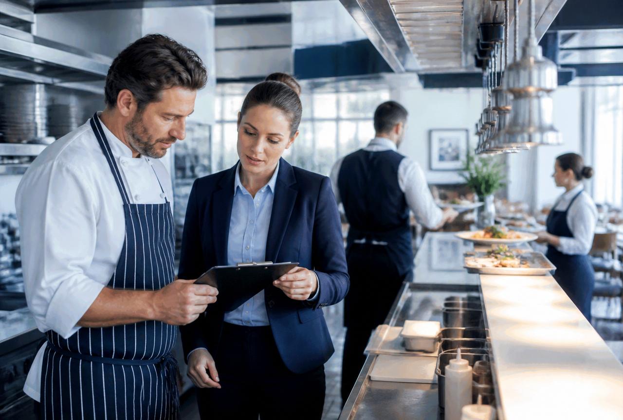 Chef and restaurant manager reviewing a service plan while waiters serve guests